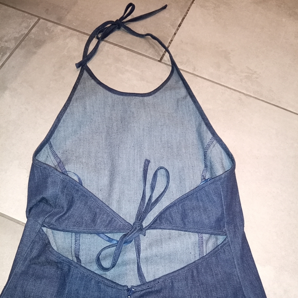 VINTAGE Ann Taylor Dark Wash Denim Halter Dress Y2K Sleeveless Backless Midi 8P - Picture 11 of 11